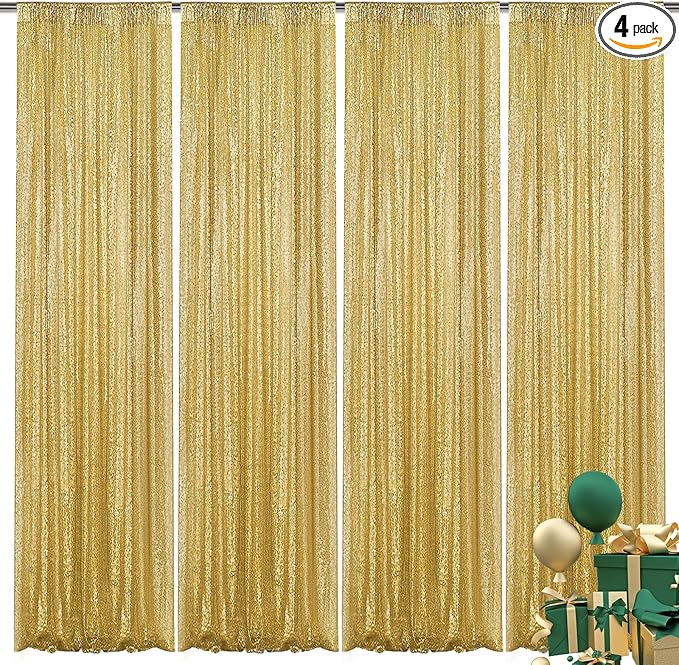 Gold Sequin Backdrop Curtain 4 Pieces 2FTx8FT Glitter Photography Backdrop for Party Wedding Birthday Christmas Decorations