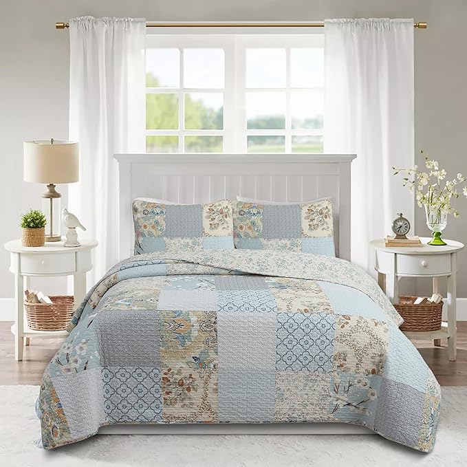 Cozy Line Home Fashions 100% Cotton Classic Patchwork Bedding Quilt Set, Blue Gray Teal Taupe Bohemian Style Reversible Bedspread Coverlet (Carolina Bloom, Queen - 3 Piece)