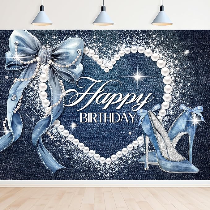 Denim and Diamonds Bow Backdrop 7Wx5H Photography Blue Coquette Happy Birthday for Women Girls Birthday Banner Background Silver High Heels Party Decorations Banner Photo Booth Props Supplies