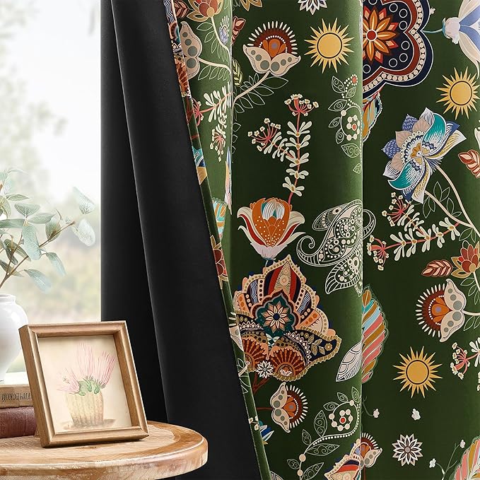 XiDi Green Floral Curtains 63 Inches Long 2 Panels Vintage Patterned Blackout Curtains for Bedroom Living Room Thermal Insulated Grommet Luxury Cottage Core Botanical Printed Drapes Moss Green 52x63