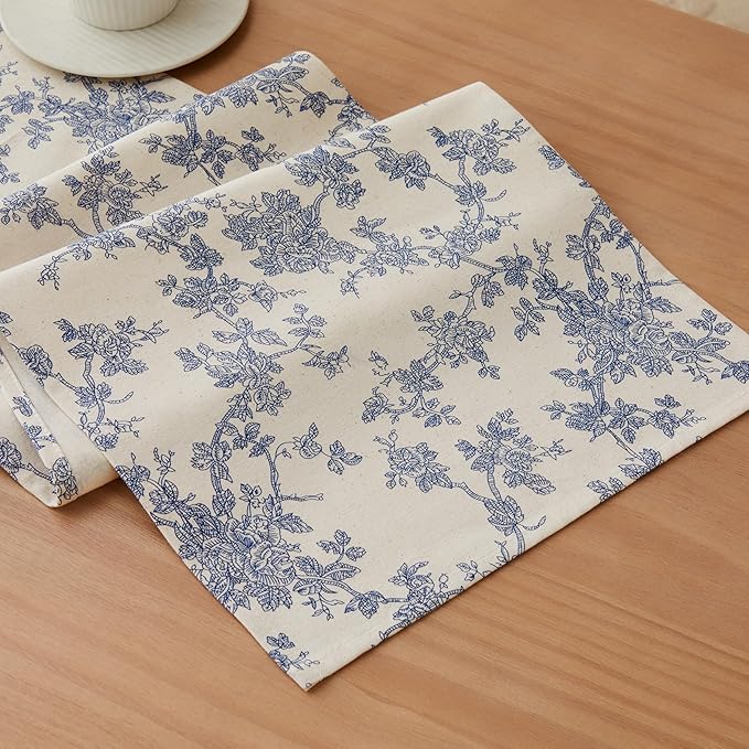100% Cotton French Pastoral Table Runners, 13x90 Inch Blue Farmhouse Table Runners 90 Inches Long, Vintage Flowers Print Home Decors