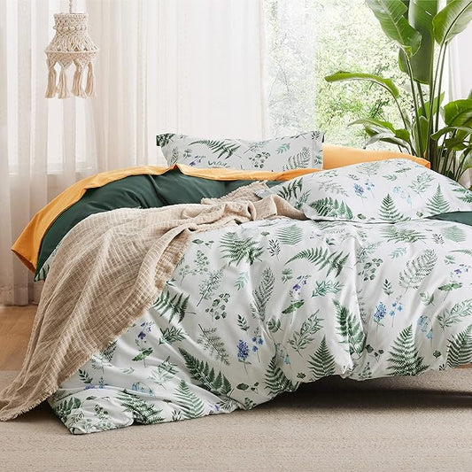Bedsure Duvet Cover Queen Size - Reversible Plants Duvet Cover Set with Zipper Closure, 3 Pieces Green Bedding Set with 8 Corner Ties and 2 Pillow Shams 20"x26"
