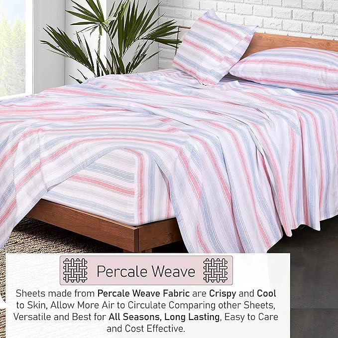 RUVANTI 100% Cotton Twin XL Sheet Sets, 3 Pieces, Soft & Breathable Percale Weave Bedding, Deep Pocket 16", Hotel Standard, Crisp Cool Feel, Durable, Perfect Size Striped Sheets, Times
