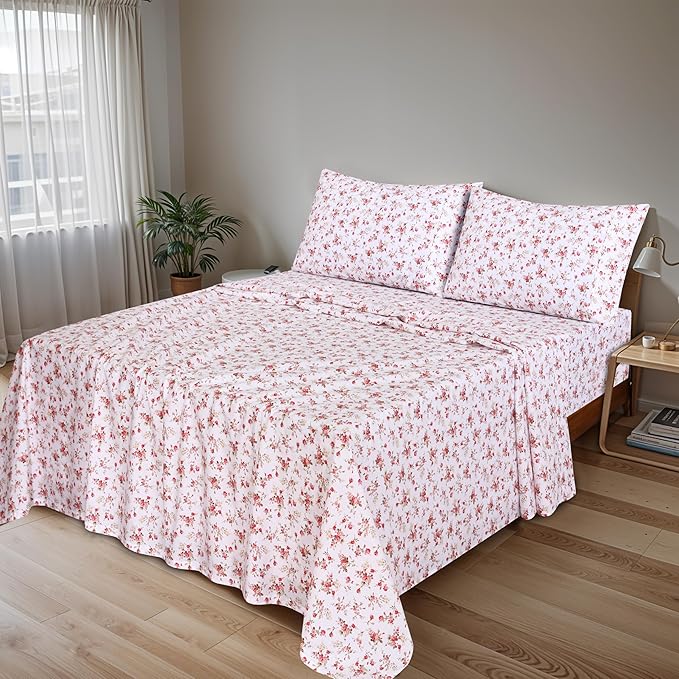 RUVANTI 100% Cotton California King Sheet Sets, 4 Pieces, Soft & Breathable Percale Weave Bedding, Deep Pocket 14", Hotel Standard, Crisp Cool Feel & Durable, Perfect Floral Sheets, Bouquet