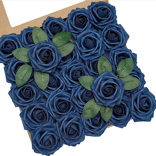 Artificial Flowers, 50pcs Artificial Rose for DIY Wedding Bouquets Centerpieces Arrangements, Navy Blue Foam Roses with Stem for Bridal Shower Party Home Decorations