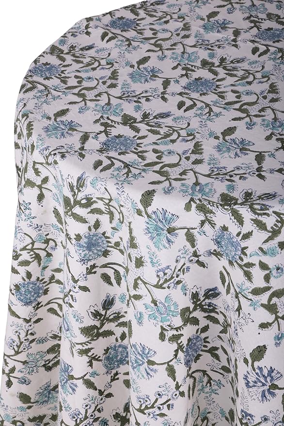 ATOSII Mahoka Blue 100% Cotton Round Tablecloth, Block Print Floral Table Cloth for Dining, Parties, Weddings, Outdoors, Holidays I 60" Inches I Grandmillennial Farmhouse Boho Spring Summer