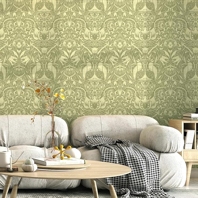 Vintage Peel and Stick Wallpaper Boho Bird Wall Paper Floral Contact Paper for Bedroom 17.3" X 197" Removable Wallpaper Self Adhesive Olive Green Botanical Decorative Wallpapers Bathroom Kitchen Vinyl