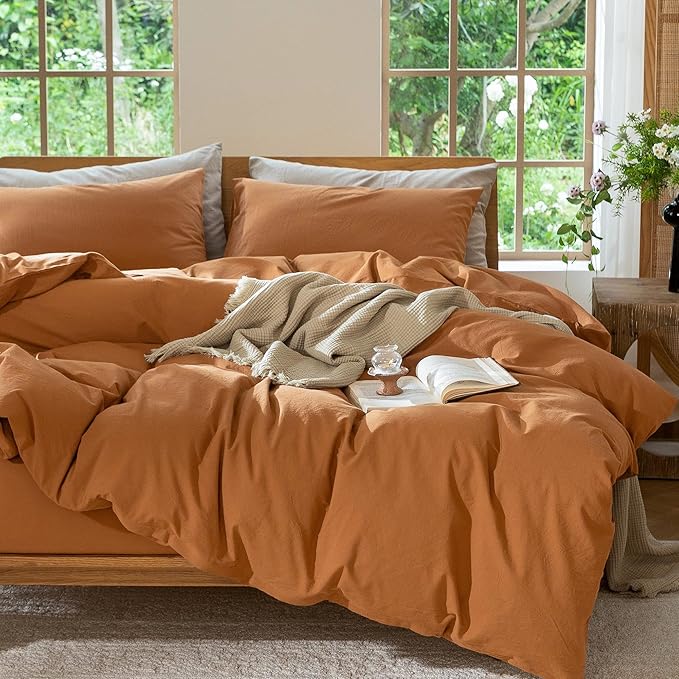 MooMee Bedding Duvet Cover Set 100% Washed Cotton Linen Like Textured Breathable Durable Soft Comfy (Solid Burnt Orange, Palatial King/Oversized King 120"x98")