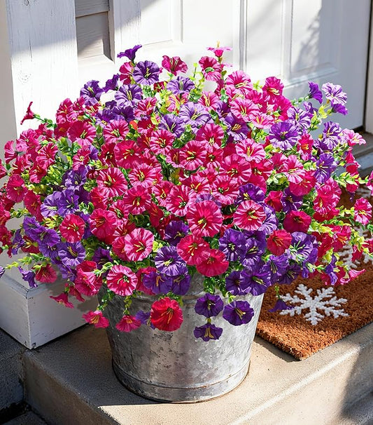 Artificial Flowers Fake Plants for Outdoors Decoration, 12 Bundles Silk Morning Glory with Eucalyptus Realistic UV Resistant Faux Flowers for Outside Planter Porch Yard Patio Garden Home Indoor, Mix