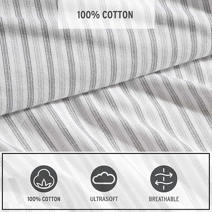 Eddie Bauer - Full Bed Sheets, Cotton Flannel Bedding Set with Matching Pillowcases, Brushed for Extra Softness, Deep Pocket, Oeko-Tex Certified (Ticking Stripe Grey)
