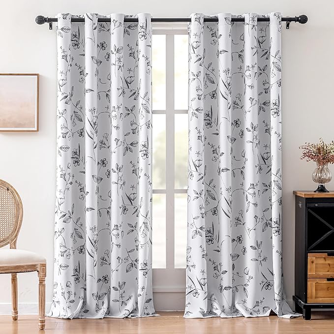 ChrisDowa 100% Blackout Floral Curtains 96 Inches Long 2 Panels for Bedroom Living Room Black Flower Patterned Room Darkening Thermal Insulated Soundproof Grommet Window Treatments Drapes,52X96