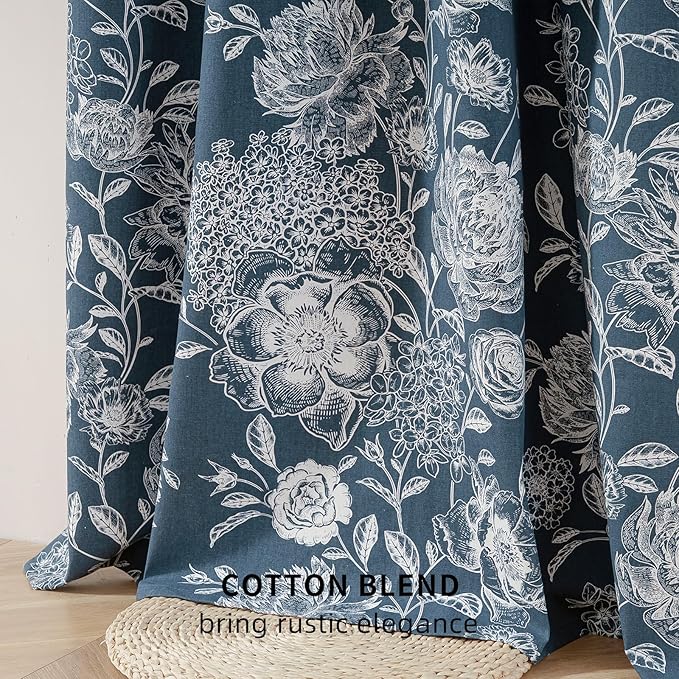 Pattern Blackout Curtains Blue Peony Print - Vintage Curtains for Bedroom Living Room, Floral Blackout Curtains Cotton Blend, Light Blocking Patterned Curtains, 52" W x 84" L