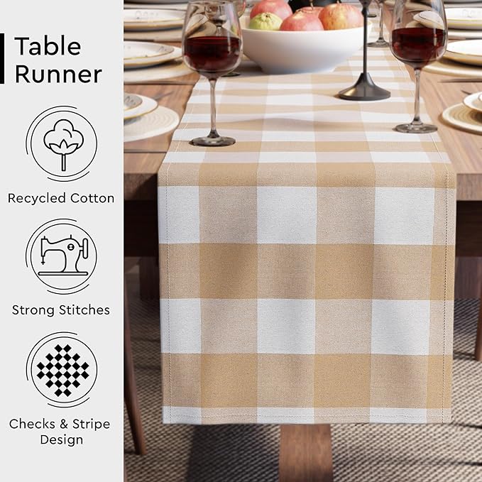 Encasa XO Cotton Dining Table Runner | Buffalo Beige Checks | Size 13x72 in - Machine Washable & Durable
