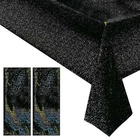 2 Pcs Black Holographic Laser Tablecloth Galaxy Space Table Cloth 40 * 108 Inch Shimmer Star TableCover for Halloween Birthday Graduation Neon Party Supplies Disposable Plastic Foil Table Decor