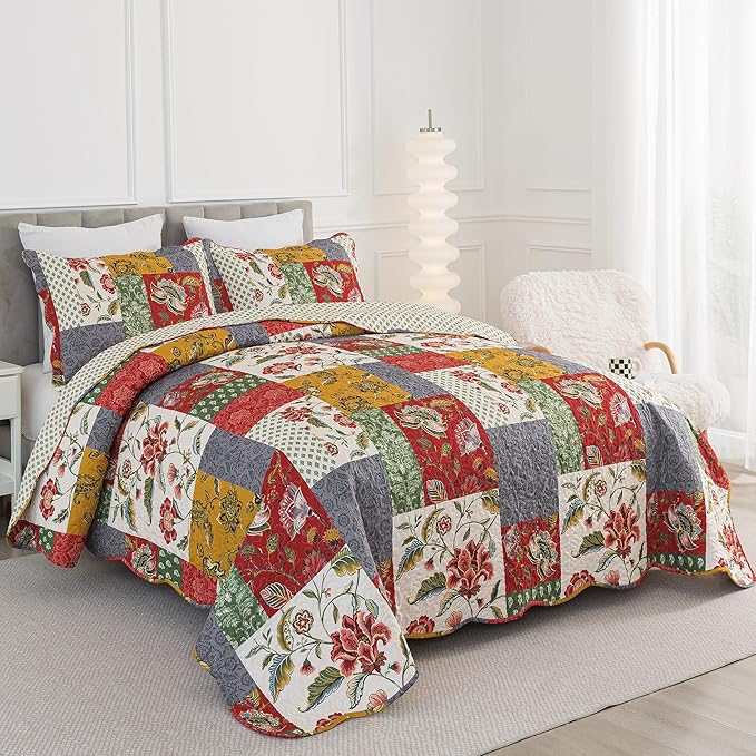HoneiLife Queen Quilt Bedding Sets - Floral Quilt Bedding Sets 3-Piece 90x96, Microfiber Reversible Bedspreads Patchwork Coverlet Nostalgic Bedding Set All Season Quilts
