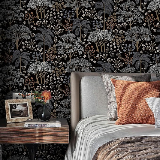 Guvana 197"x16.14" Forest Wallpaper Black Peel and Stick Wallpaper Leaf Contact Paper Floral Self Adhesive Wall Paper for Living Room Cabinets Decorative