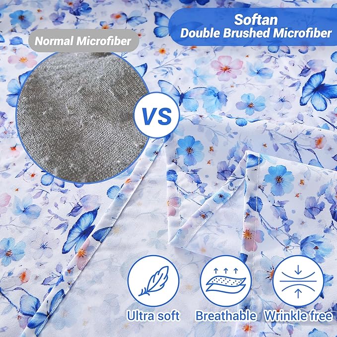 Softan King Floral Sheets, Microfiber Blue Flower Printed Fitted Sheets with Non-Slip Corner Straps and 15" Deep Pocket, Butterfly Patterned Cozy King Bed Sheets & Pillowcase Sets