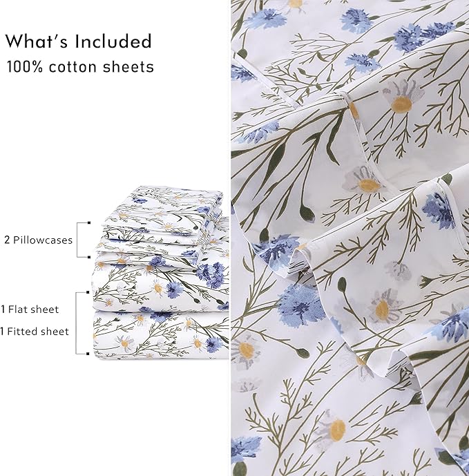 RUVANTI 100% Cotton King Size Sheets Set, 4 Pieces, Soft & Breathable Percale Weave Bedding, Deep Pocket 16", Hotel Standard, Crisp Cool Feel, Durable, Perfect Floral Bed Sheet, Sweet Pea