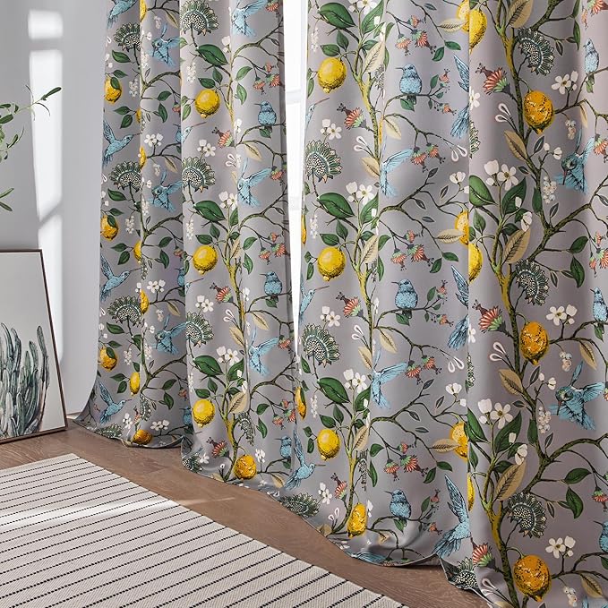 Floral Grey Pinch Pleated Blackout Curtains,Mid Century Botanical Printed Curtains 96 Inches Long for Living Room Bedroom,Vintage Floral Lemon Hummingbird Colorful Drapes, 2 Panels