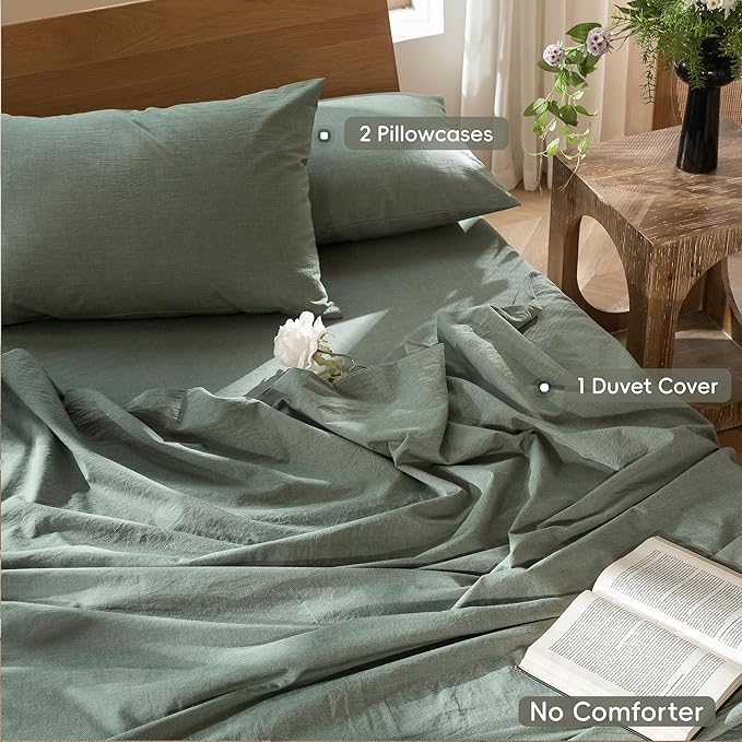 MooMee Bedding Duvet Cover Set 100% Washed Cotton Linen Like Textured Breathable Durable Soft Comfy (Heathered Green, Oversized Queen 98"x98")