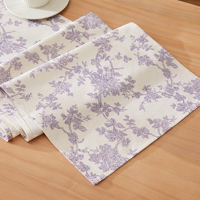 100% Cotton French Pastoral Table Runners, 13x48 Inch Purple Farmhouse Table Runners 48 Inches Long, Vintage Flowers Print Home Decors