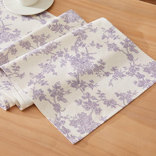 100% Cotton French Pastoral Table Runners, 13x90 Inch Purple Farmhouse Table Runners 90 Inches Long, Vintage Flowers Print Home Decors