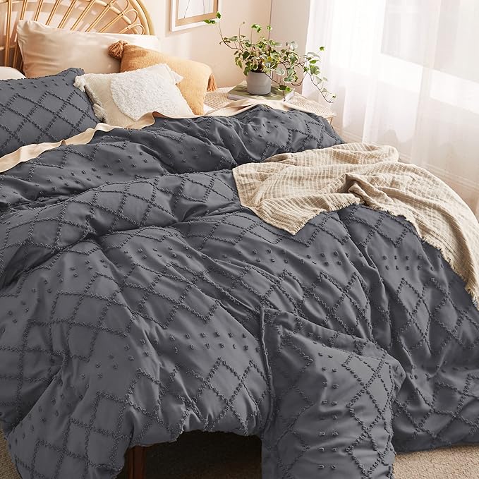 Bedsure Boho Twin Duvet Cover Size - Dark Grey Breathable & Soft Boho Bedding, Machine Washable Comforter Cover for All Seasons, Includes 1 Duvet Cover 68"x90" with 1 Pillow Sham & Zipper Closure
