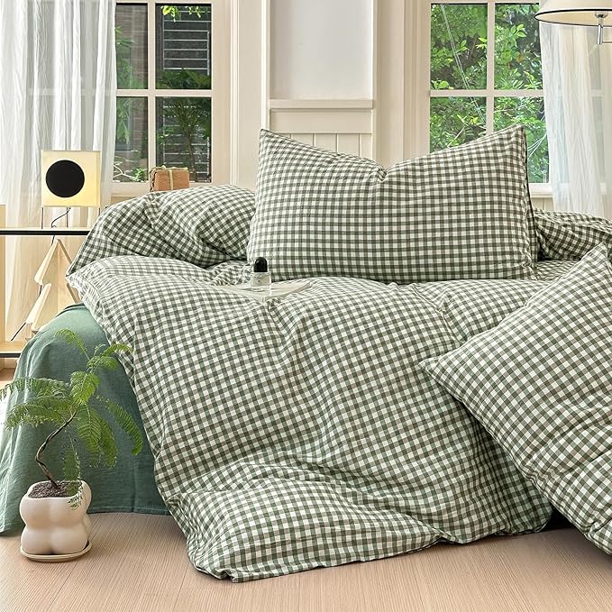 LifeTB Queen Comforter Set Green Gingham Comforter Modern Style Checkered Pattern Comforter Set Boho Grid Plaid Bedding Comforter Lightweight Fluffy Soft Grid Bedding Set Queen Size Breathable