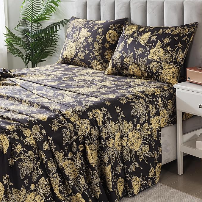 FADFAY Rose Sheets Set Cal King Vintage Black Gold Floral Bedding Shabby Peony Botanical Sheets Farmhouse Bedding 800 Thread Count 100% Egyptian Cotton Deep Pocket Fitted Sheet 4Pcs, California King