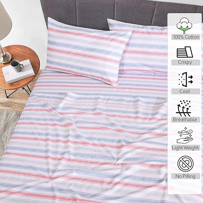 RUVANTI 100% Cotton California King Sheet Sets, 4 Pieces, Soft & Breathable Percale Weave Bedding, Deep Pocket 14", Hotel Standard, Crisp Cool Feel & Durable, Perfect Striped Sheets, Times
