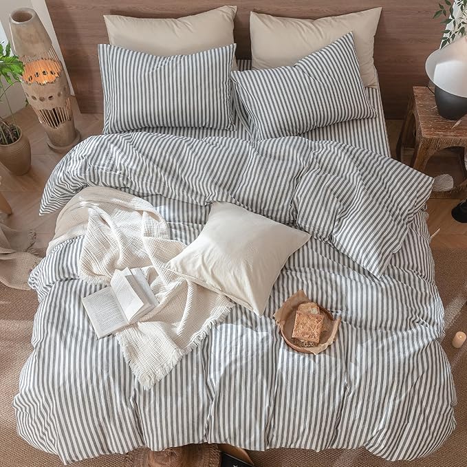 MooMee Striped Duvet Cover Set 100% Washed Cotton Linen Like Textured Breathable Durable Soft Comfy (Dark Grey White Classic Stripes, King 104"x90")