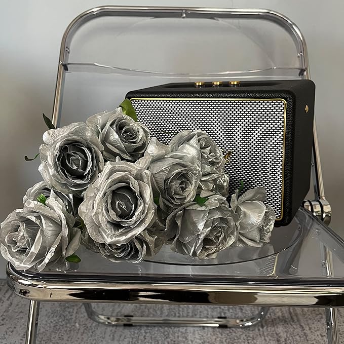 Nubry Artificial Silk Rose Flower Bouquet Lifelike Fake Rose for Wedding Home Party Decoration Event Gift 10pcs (Silver)