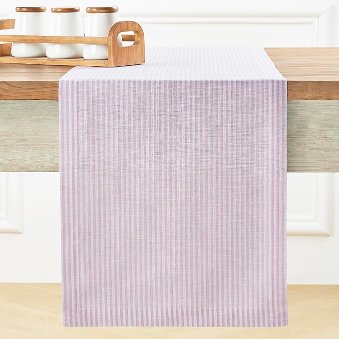 Solino Home Linen Table Runner 108 Inches Long - Narrow Stripe, 100% Pure Linen Pink and White Table Runner 14 x 108 Inch for Dining, Valentines, Spring, Easter