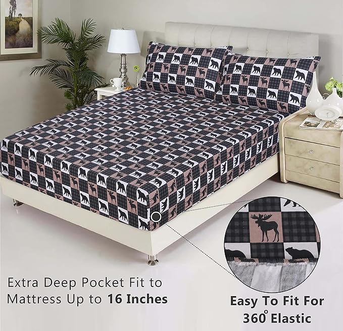 RUVANTI Flannel Sheets Queen Size - 100% Cotton Double Brushed Bed Sheets, Deep Pockets 16 Inches Queen Sheet Set, All Seasons Breathable & Extra Soft - Warm & Cozy, 4 Piece, Wilderness Plaid