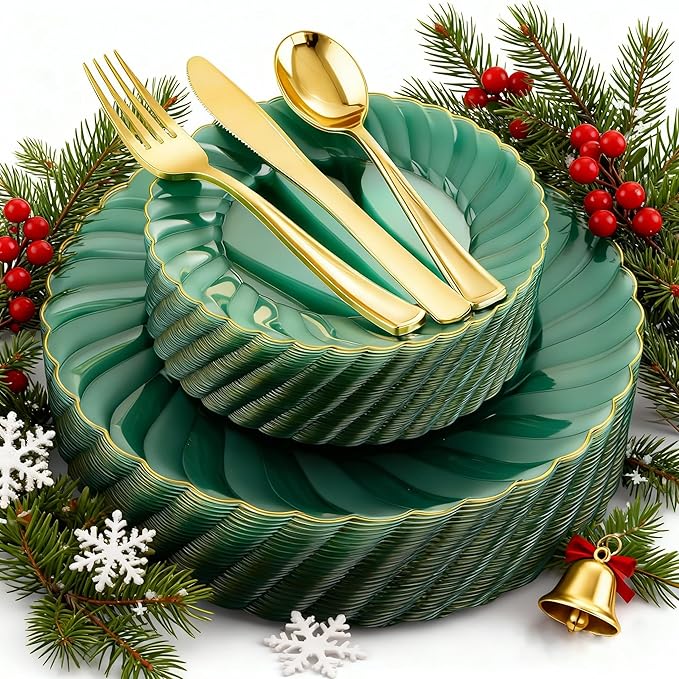 YOUBET 125PCS Clear Green Plastic Plates with Gold Rim - Green and Gold Plastic Plates Include 25 Dinner Plate 25 Dessert Plate 75 Disposable Silverwares for Wedding & Party & Christmas