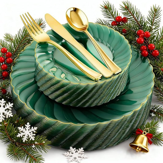 YOUBET 125PCS Clear Green Plastic Plates with Gold Rim - Green and Gold Plastic Plates Include 25 Dinner Plate 25 Dessert Plate 75 Disposable Silverwares for Wedding & Party & Christmas
