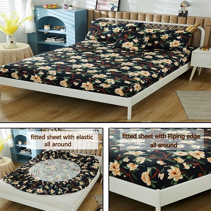 FADFAY Sheets Set Twin XL Shabby Black and Yellow Floral Bedding Elegant Peony Sheets Set Vintage Farmhouse Bedding 100% Egyptian Cotton 800 Thread Count Deep Pocket Fitted Sheet, 4Pcs-Twin XL Size