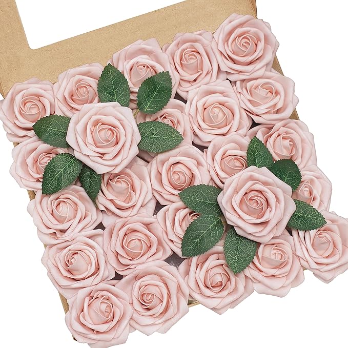 Artificial Flowers, 25pcs Artificial Rose for DIY Wedding Bouquets Centerpieces Arrangements, Pink Foam Roses with Stem for Bridal Shower Party Home Decorations