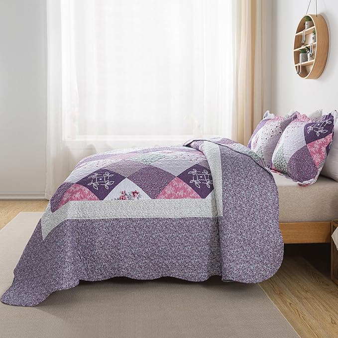 HoneiLife Oversized King Quilt 120x120-3 Pcs California King Bedspreads, Extra Large Quilt Sets All Season Use,Rustic Bedding Sets King Size,Reversible Coverlet Microfiber Bed Quilts, Purple