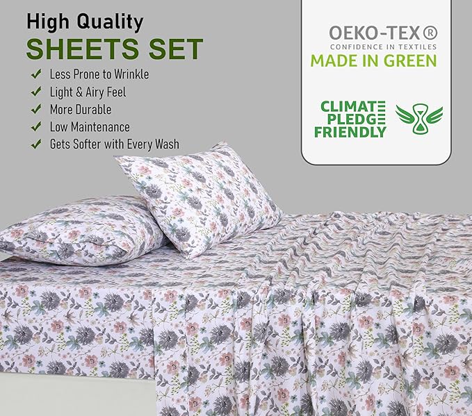 RUVANTI 100% Cotton Twin XL Sheet Sets, 3 Pieces, Soft & Breathable Percale Weave Bedding, Deep Pocket 16", Hotel Standard, Crisp Cool Feel, Durable, Perfect Size Floral Sheets, Dandelion Field