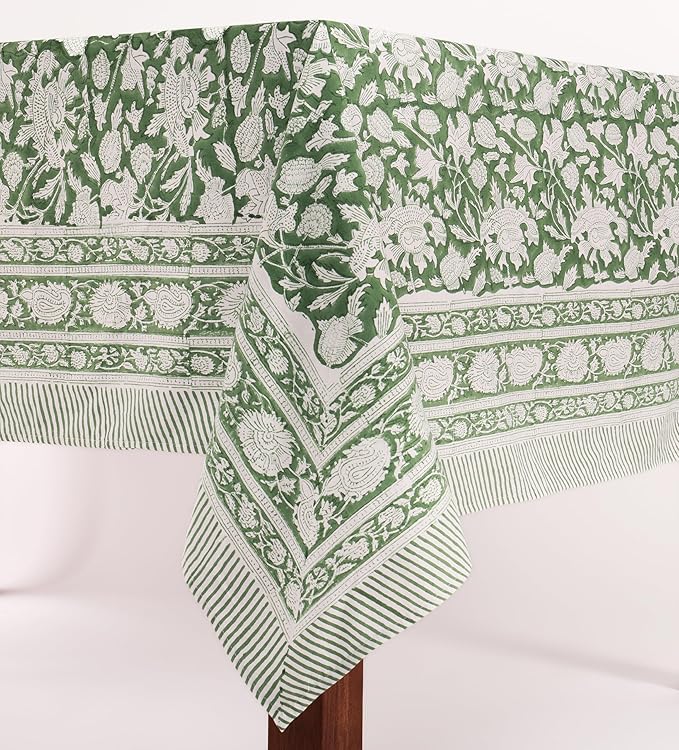 ATOSII Meraki Green 100% Cotton Spring Summer Tablecloth, Block Print Rectangle Table Cover - Dining, Parties, Outdoors, Weddings, Grand Millennial Decor 60 X 60 Inches I 4 Seater I