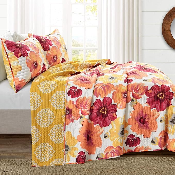 Lush Decor Leah Reversible Floral Quilt Set, 3 Piece Set, King, Red & Orange - Watercolor Botanical - Cottage Core - French Country Decor- Bedding Queen Size