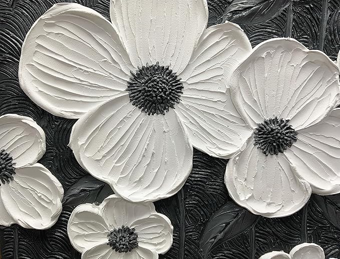 moshinart 30 x 45in Hand-Painted Oil Painting 3D Texture Black White Grey Modern Minimalist Black Abstract Wall Art, Home Office Wall Decoration Petal