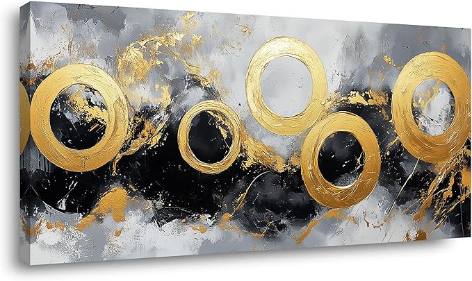 IDAFU Black Gold Abstract Canvas Wall Art Golden Circular Design Wall Décor,Modern Minimalist Black Gold Pictures Ready for for Living Room, Bedroom, Hallway Office Wall Decor 58L x 28W