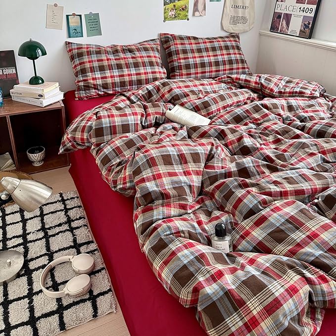 Vintage Buffalo Plaid Comforter Set King Size, 3 Pieces Red Brown Checkered Grid Comforter with 2 Pillowcases, Soft Fluffy Breathable Plaid Printed Gingham Bedding Comforter Set for All Seasons