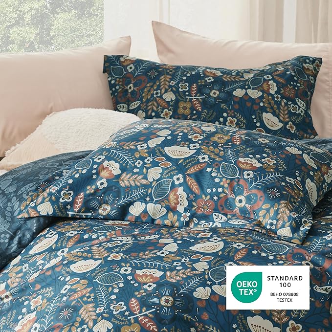 Bedsure Duvet Cover Queen Size - Reversible Floral Duvet Cover Set with Zipper Closure, 3 Pieces Navy Blue Bedding Set with 8 Corner Ties and 2 Pillow Shams 20"x26"
