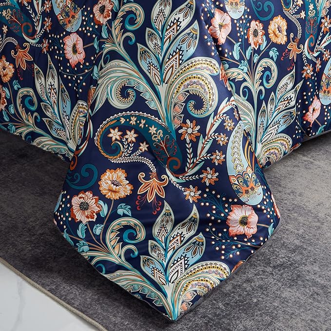 7 Piece Paisley Flower Comforter Bed in a Bag Set King Size Luxury Dark Blue Vintage Floral Boho Medallion Comforter Set Soft & Breathable Microfiber Bedding Set for Woman Adults