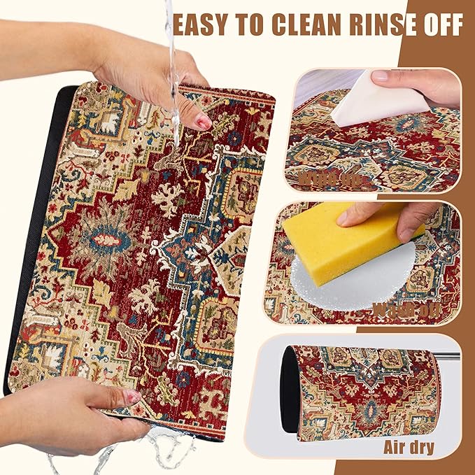 Boho Dish Drying Mat Persian Tribal Coffee Bar Mat for Countertop Absorbent Rubber Backed Hide Stain Dish Drainer Rack Pad Espresso Machine Coffee Pot Dining Room Decoration 15.7 x 23.6 Inch