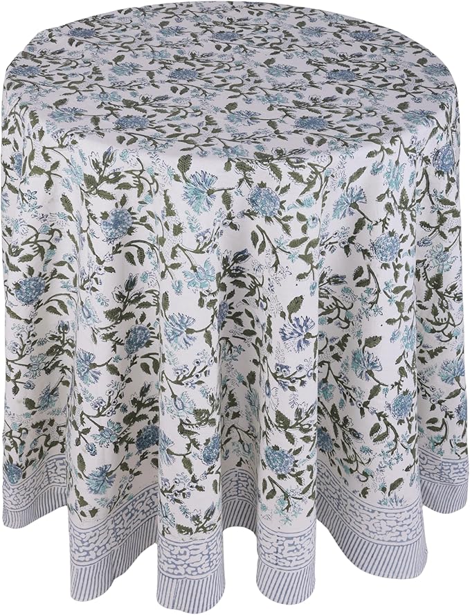 ATOSII Mahoka Blue 100% Cotton Round Tablecloth, Block Print Floral Table Cloth for Dining, Parties, Weddings, Outdoors, Holidays I 72" Inches, 4 Seater I Grandmillennial Farmhouse Boho Summer