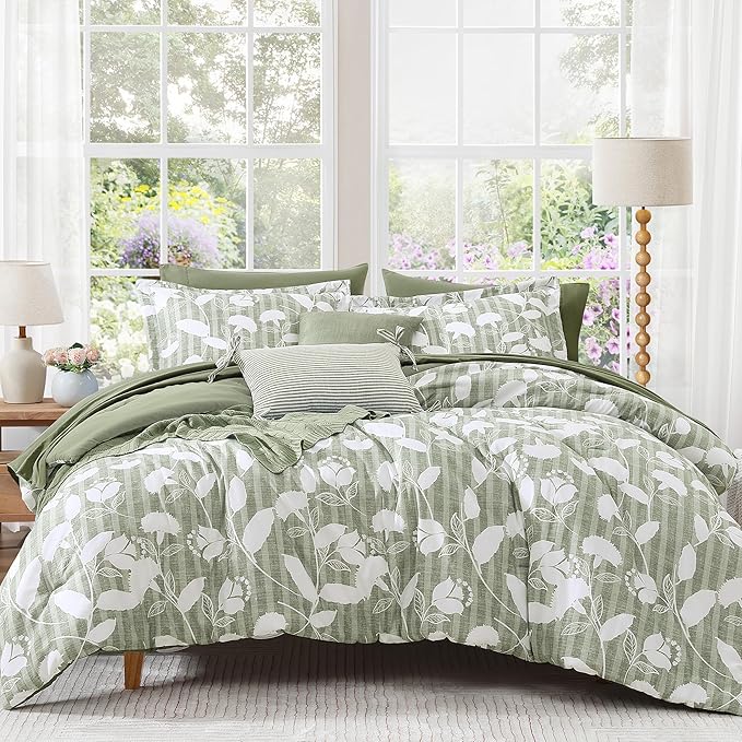 King Comforter Set -7 Pieces Sage Green Floral Comforter Set for All Seasons, Bed in a Bag King with Botanical Flowers Comforter, Sheets, Pillowcases & Shams